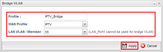 a screenshot of Vigor3900 WAN Bridge VLAN settings
